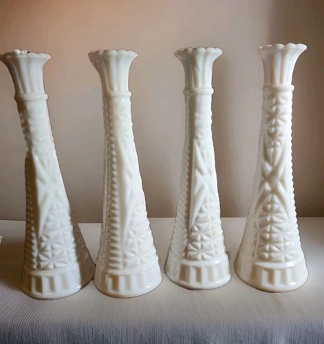 Vintage Milk Glass Tall Bud Vases Set of 4 Diamond Pattern Mid Century