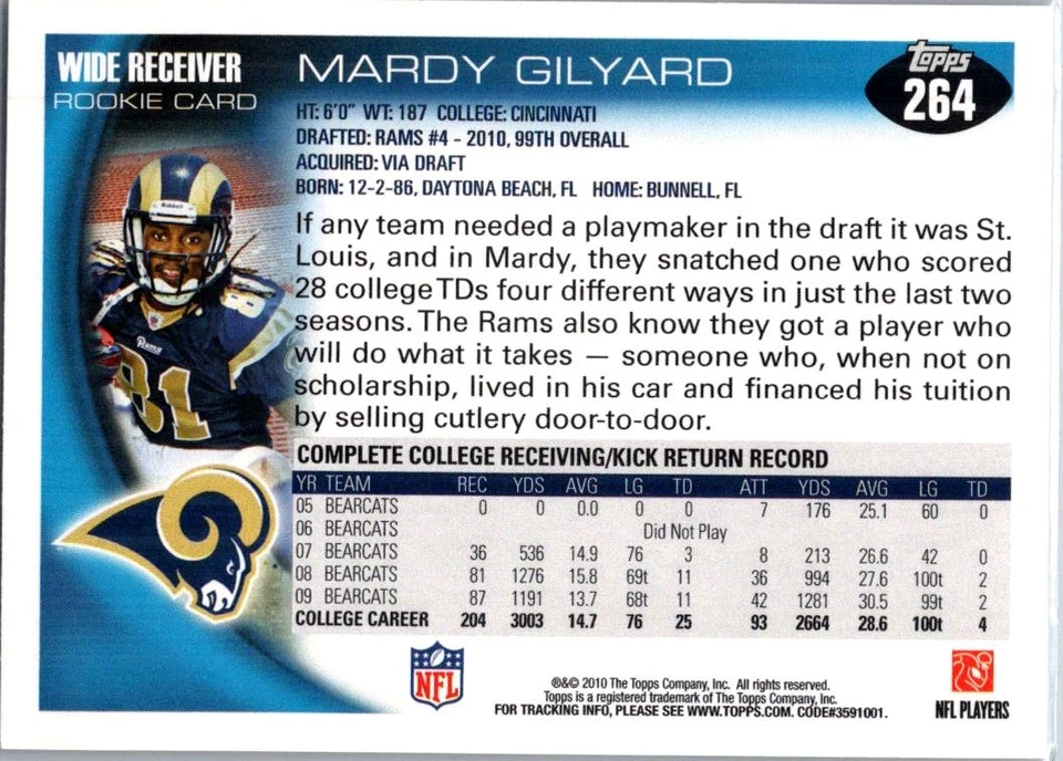 2010 Topps Mardy Gilyard #264 St. Louis Rams - Image 2 of 2