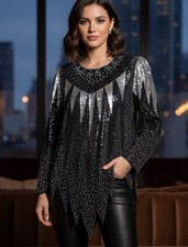 Pure Silk Vintage Heavily Sequined and Beaded Blouse with Pointed Hem Design