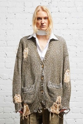 NWT~R13 Distressed Khaki Tweed Jumbo Cardigan Size XXS