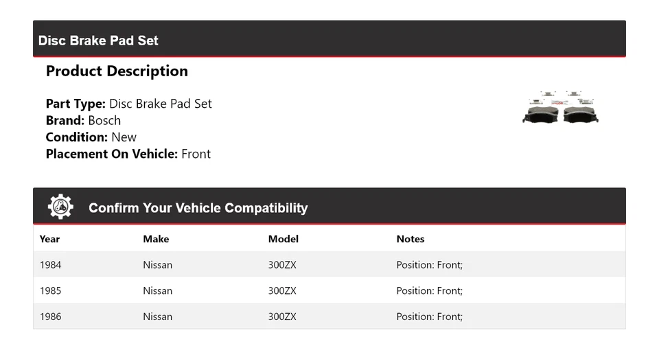 Pastillas de freno semimetálicas Bosch 1984-1986 para Nissan 300ZX con delantero HD 1985 Foto 2 de 4