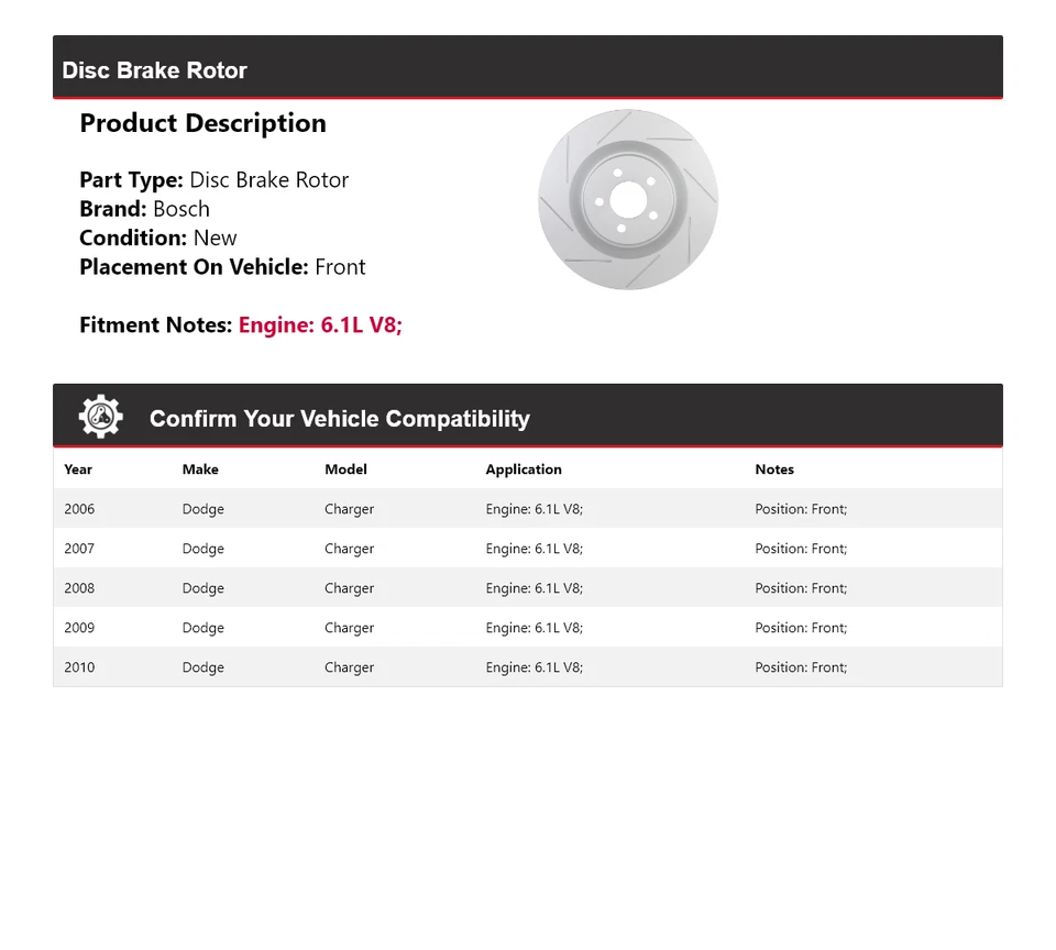 For 2006-2010 Dodge Charger 6.1L V8 Bosch QuietCast Disc Brake Rotor Front 2007 - Изображение 2 из 4