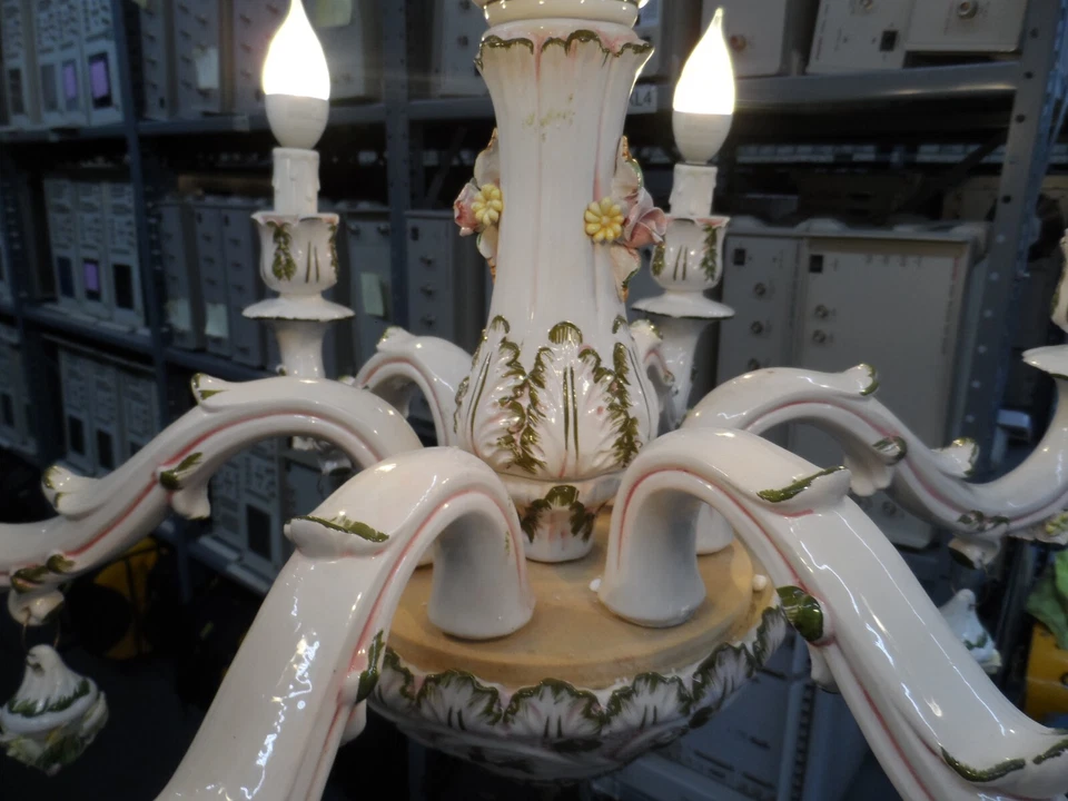 Vtg/Antique SMALL Italian White Gilded Chandelier Murano Style | Made Ceramic - Image 4 of 4