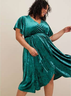 Torrid Midi Velvet Flutter Wrap Dress Green NWT New 2X