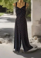 WAREHOUSE womens Black Polka Dot Open Back Ruffle culotte jumpsuit size 12 zip