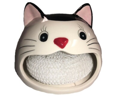 CAT Scrubby Ceramic Holder with Scrubbie Sponge Kitchen Sink Scouring Pad NEW