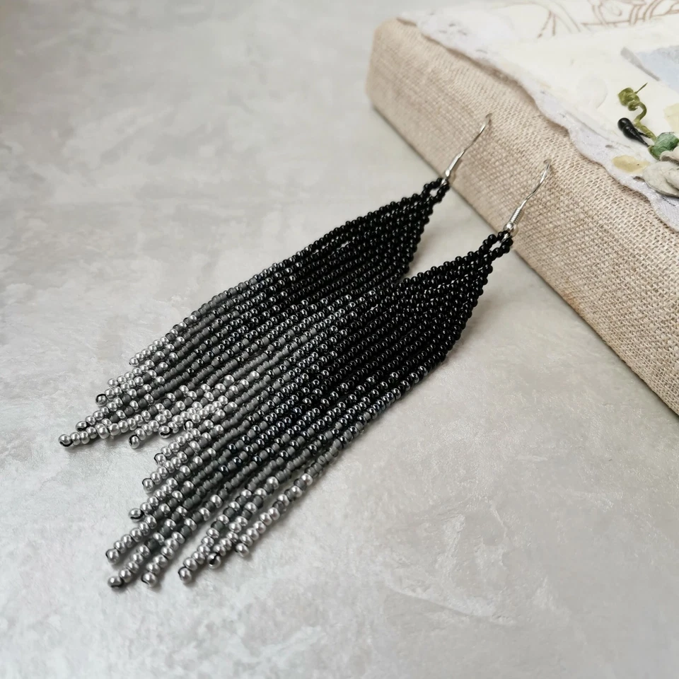 Negro Gris Plata Semilla Larga Flecos Pendientes Boho Cuelga Cuentas Joyería Regalo Foto 3 de 4