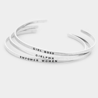 NEW Girl Power Girl Boss Thin Silver Tone Layering Cuffs PC Brass  Bracelet Set