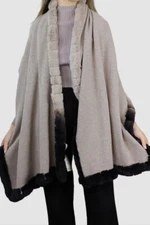 $385 La Fiorentina Women Beige Brown Knit Rex Rabbit Fur Trimmed Scarf Wrap O/S