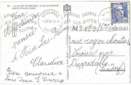 Le Lac du Bourget Abtei von Hautecombe Savoie animierte kolorierte Postkarte geschrieben 1949 - Bild 2 von 2
