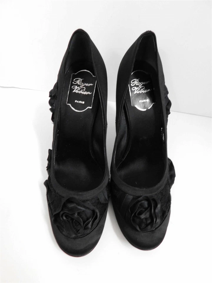 全新 Roger Vivier 黑色丝绸 Rosette 泵 意大利 38.5 M — 第 3/4 张图片