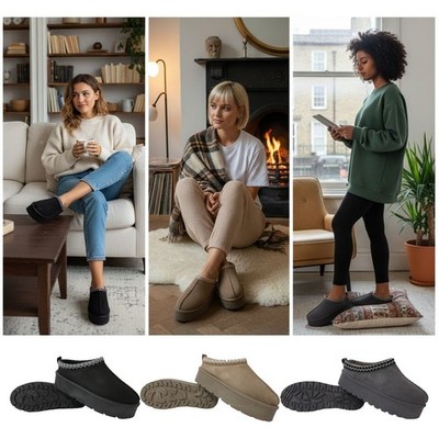 DAMEN HAUSSCHUHE PLATEAU DAMEN WARM SLIPPER WINTER KUSCHELIG KUNSTFELL PANTOLETTEN GRÖßEN