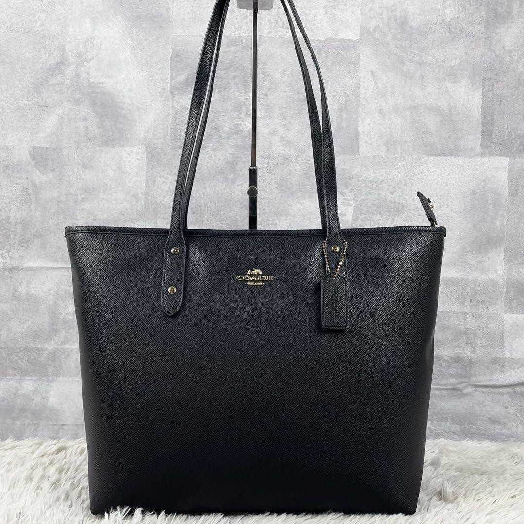 Coach Leather Tote Bag Unisex Black 9x11in Shoulder Logo Used