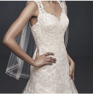 David's Bridal Petites 12 Ivory/Champagne Lace Sweetheart Cap Sleeve Button