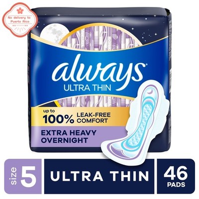 46Count Always Ultra Thin Overnight Pads with Wings,Size 5,Extra Heavy Overnight
