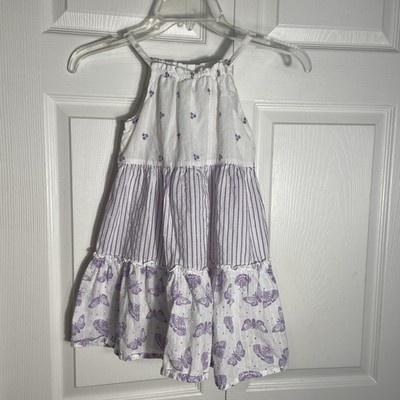 Hop Tiered Sleeveless Sundress Girls 6-7 Years White Purple Butterflies Striped