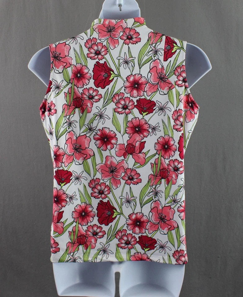 Camisa feminina cauda vermelha verde branca estampa floral 1/4 zíper sem mangas GG - Imagem 2 de 4