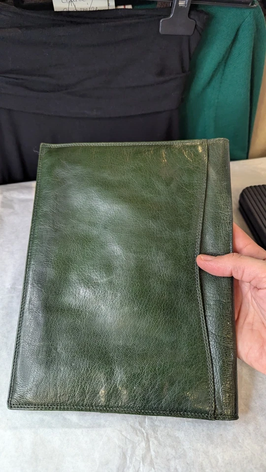 Trousse pochette en cuir vert, vintage, porte document, 25x19cm - Photo 3/4