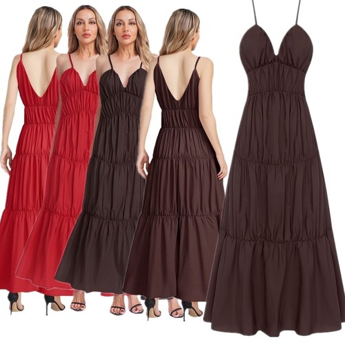 Womens Ruched Sling Maxi Dress V Neck Backless Loose Long Dress Bohemian Skirt - Picture 6 of 37