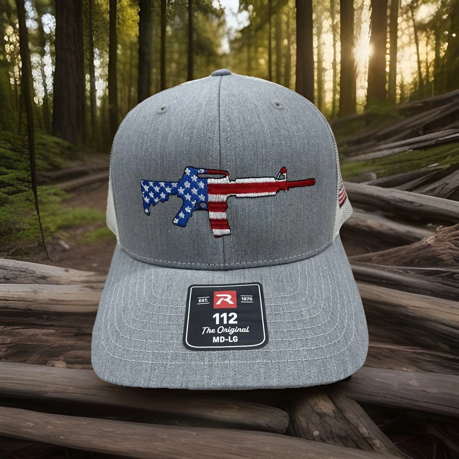 Richardson 112 gray /light gray Trucker Hat USA Flag Embroidered Snapback. MAGA
