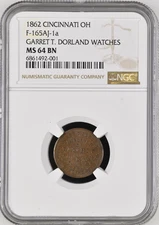 :1861-65 DORLAND WATCHES CINCINN OH F-165AJ NGC MS64BN CIVIL WAR TOP POP R9 3/0