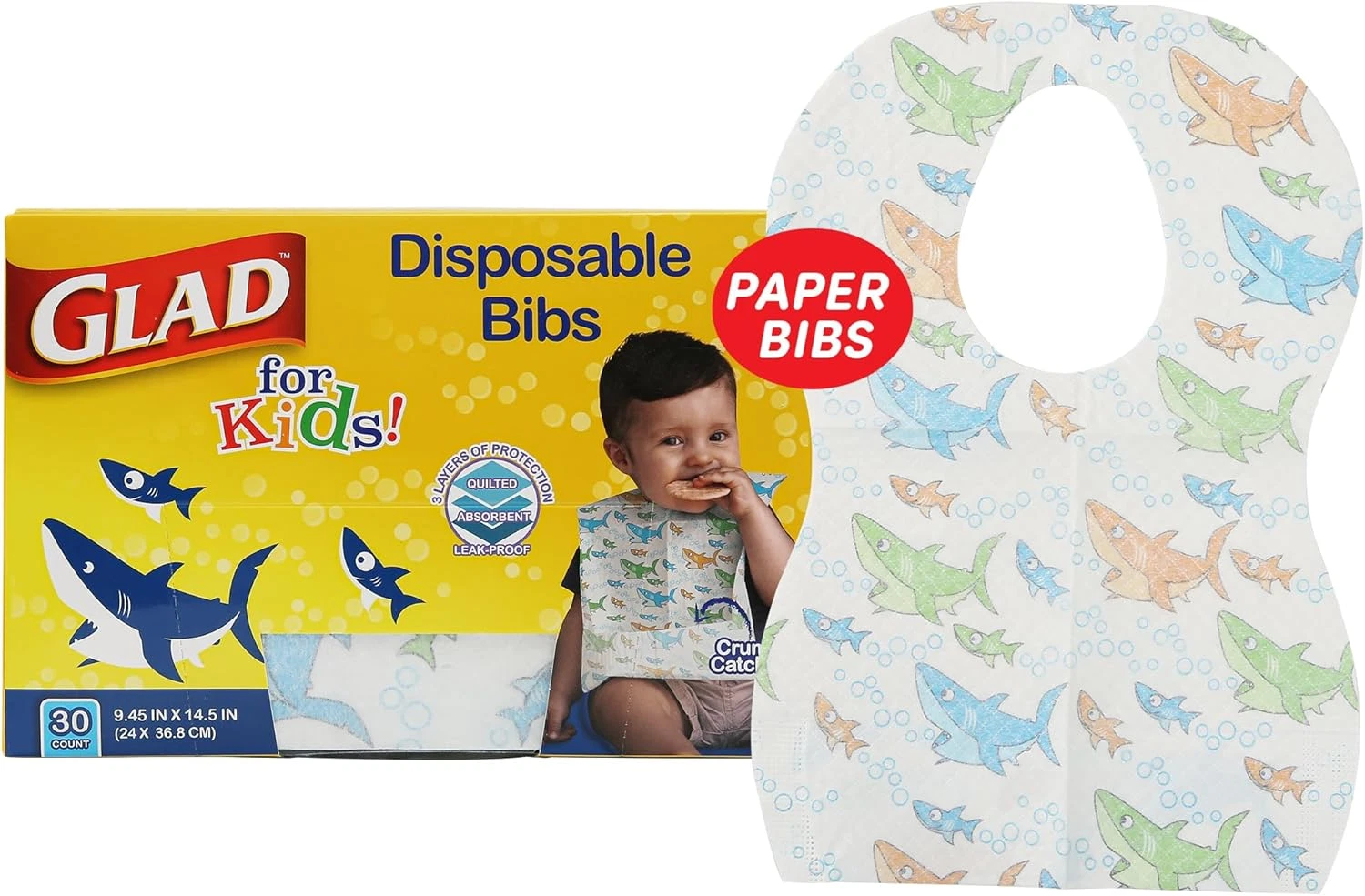 30pcs Kids Shark Disposable Paper Bibs w/ Crumb Catcher for Feeding - Absorbent