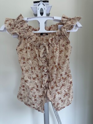 Amisu Floral Button Top Size S Ruffled Neck & Cap Sleeves 100% Cotton Blouse