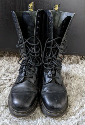 Dr Martens 1914 Liso Cuero Negro Botas Altas Biker Pantorrilla Size Uk 6  dañado | eBay