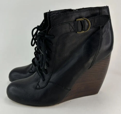 Anthropologie Seychelles Black Leather Lace Up Side Zip Booties 9 - Picture 2 of 14