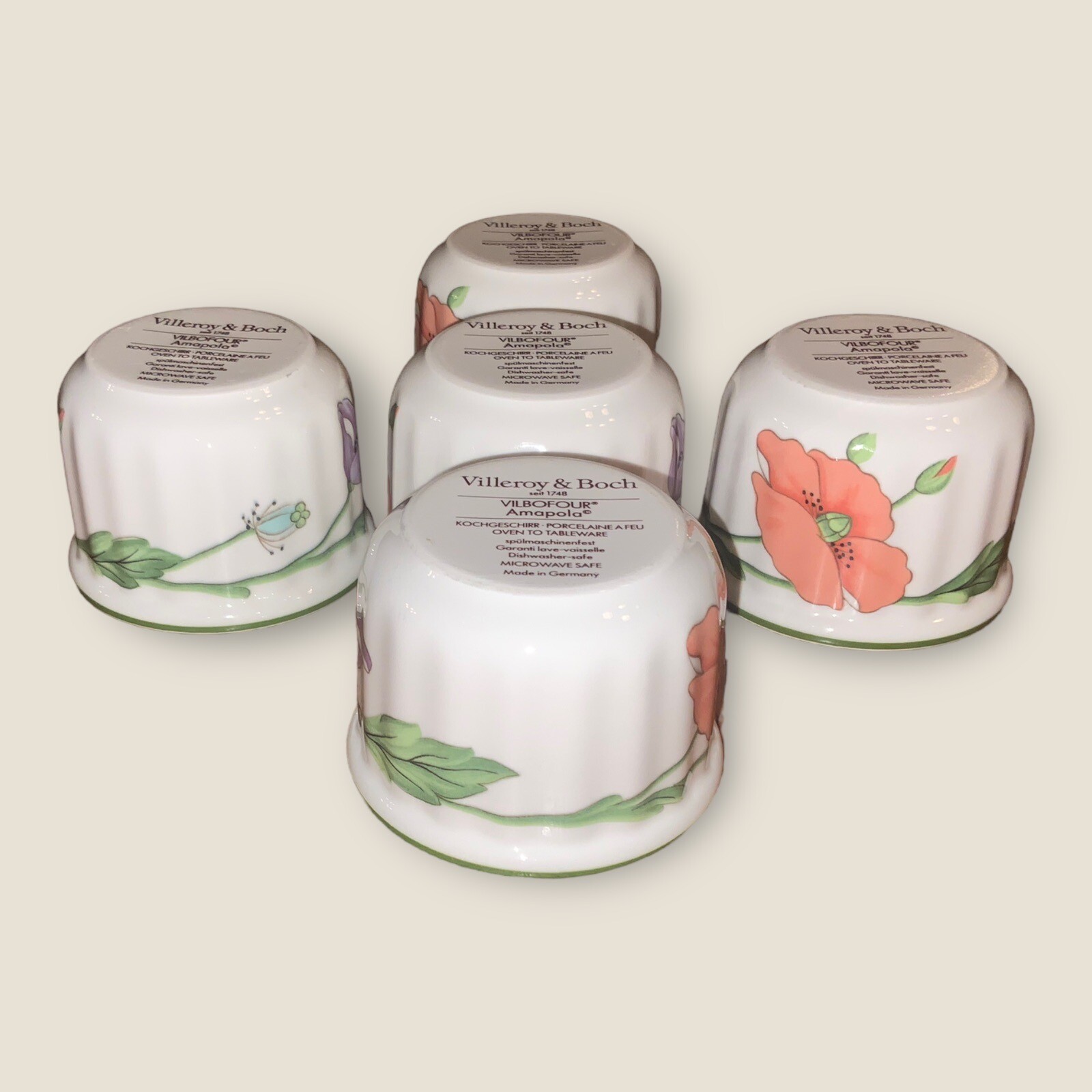 Villeroy & Boch 5x Ramekins Amapola Vilbofour Ovenware Poppies Germany