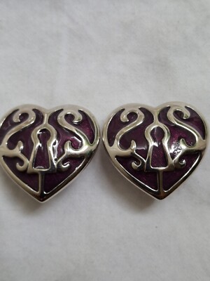 Vintage Women's 80s Trafari Purple Hearts Silver Tone Clip On Earrings 