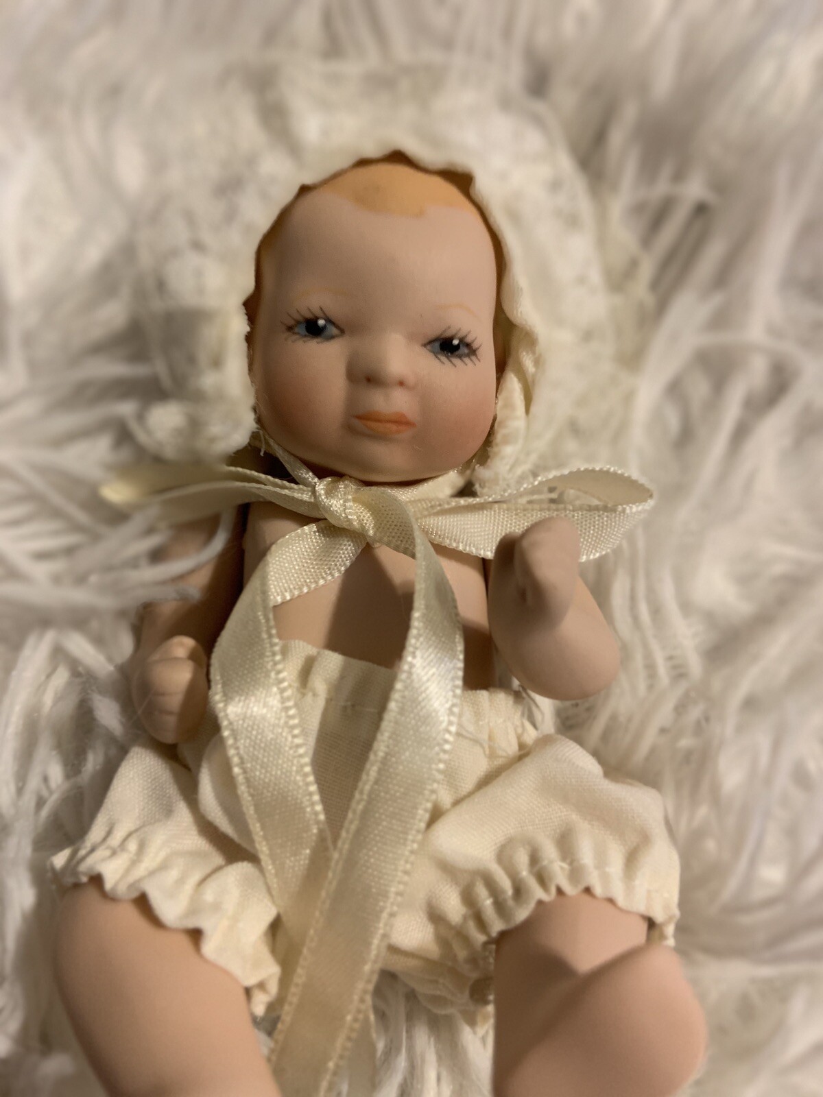 Small Porcelain String Joint Baby Doll Christening Gown Baptism 5” Boy
