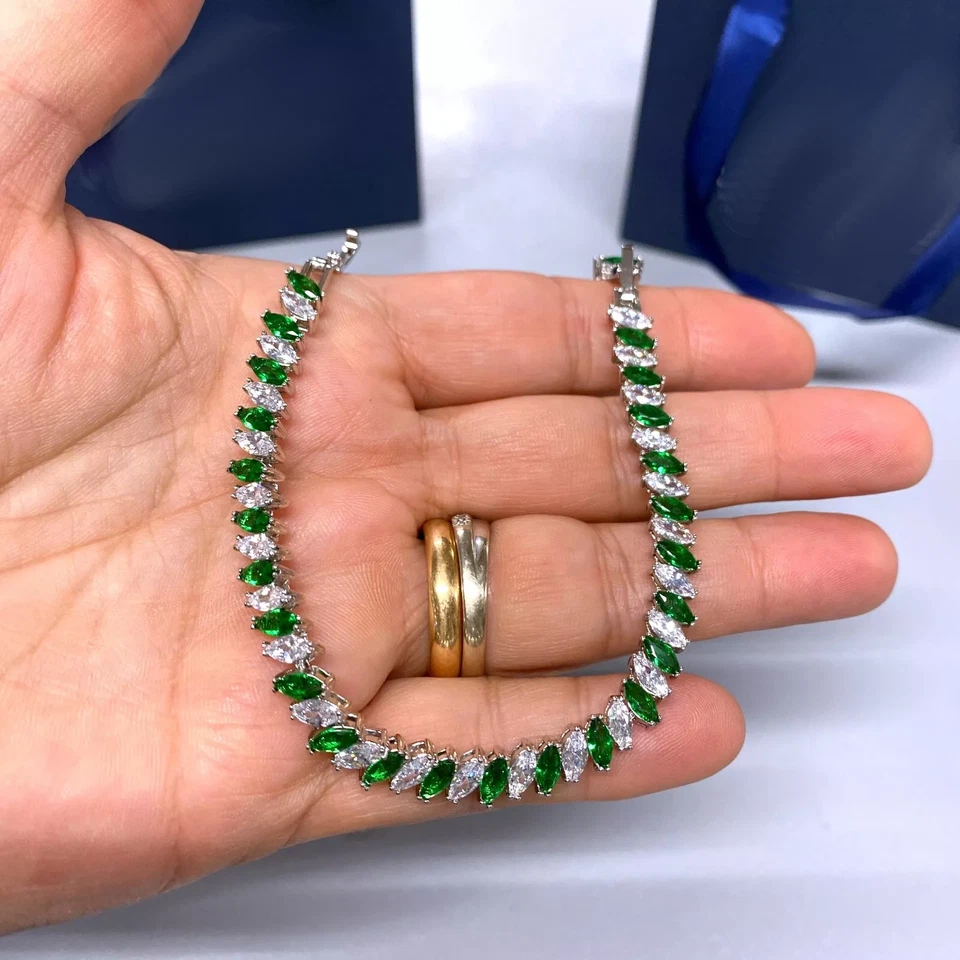 Bracciale Tennis Striscia Verde pl. oro Bianco 18k con Cristalli Zirconi B18 - Immagine 3 di 4