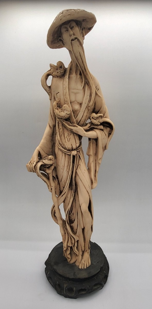 Rare Asian Man with Birds Resin Sculpture/Statue 18 1/2 inches