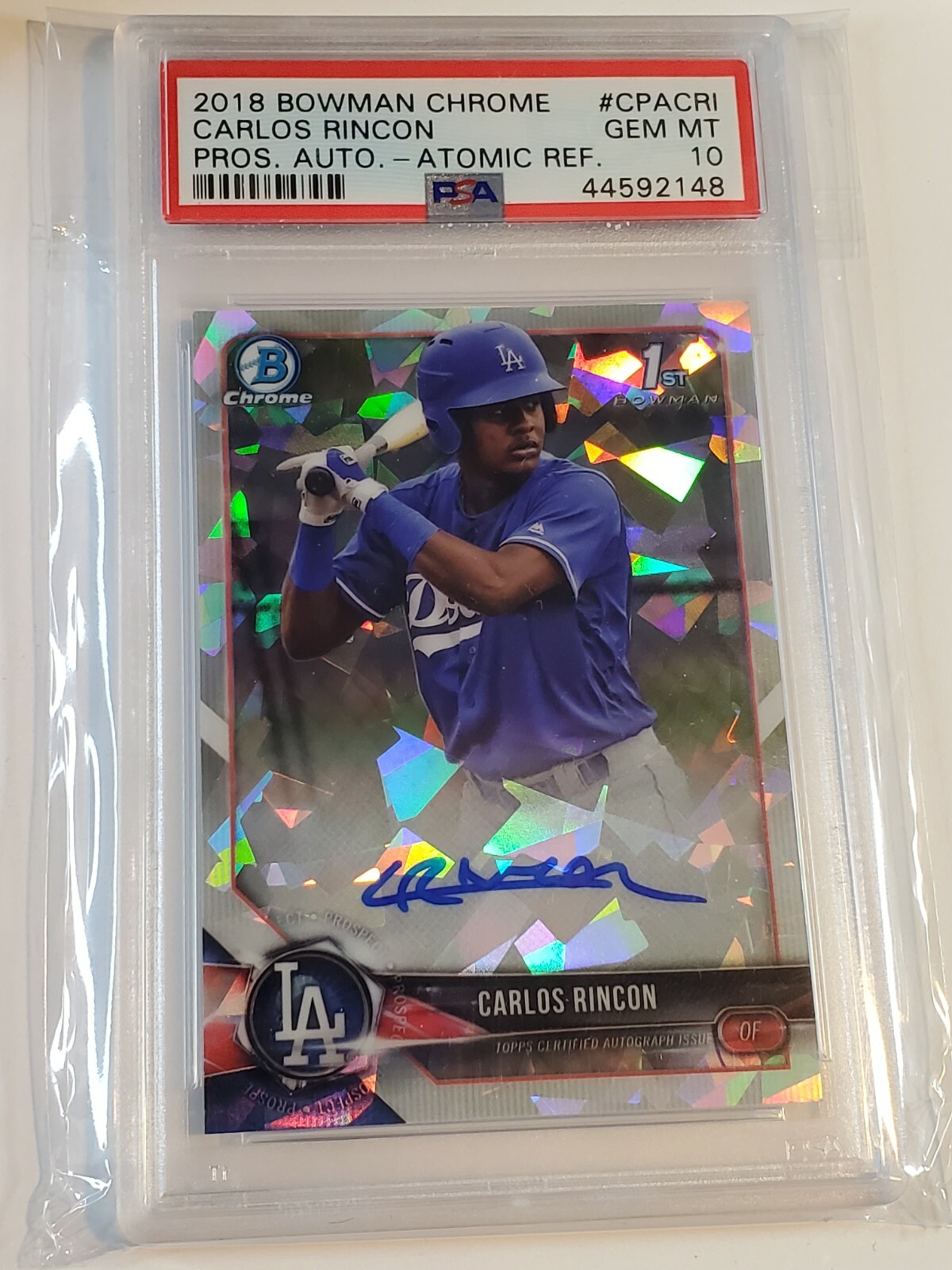 Carlos Rincon PSA 10 GM 2018 Bowman Chrome Atomic Refractor Rookie Auto 11/100