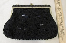 Vintage Black Beaded Evening Bag Clutch Purse Floral Check Pattern Hong Kong