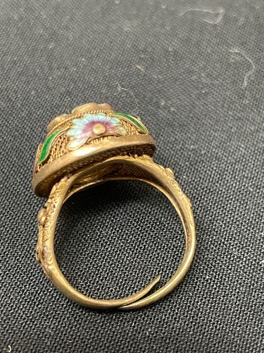 Anello Vintage Cinese Ottone Cloisonné Smalto e Quarzo Latteo Regolabile - Foto 5 di 7