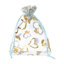 50 Pcs Organza Bag 4"x5" Sheer Heart Mesh Bags Drawstring Light Blue-Gold