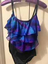 Vintage Robby Len Blue Ruffle  Black One-Piece Swimsuit Womens Size 12 80s 90s