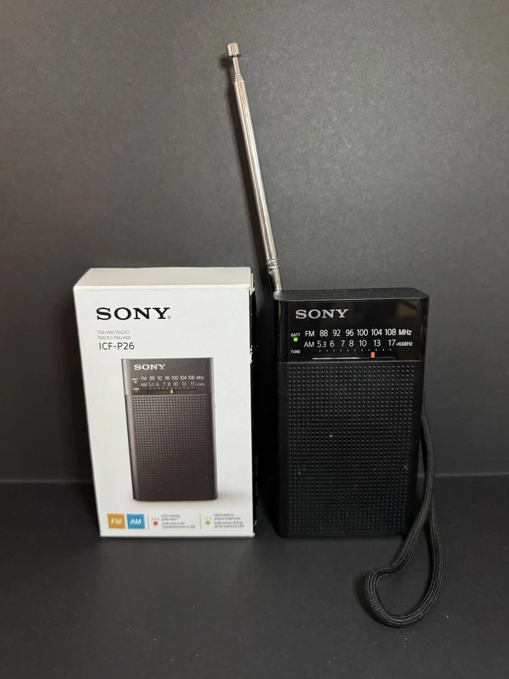 Sony ICF-P26 AM/FM Taschenradio eingebauter Lautsprecher & Antenne funktioniert mit Box