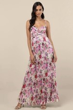 Lulus Pink Multi Floral Satin Pleated Maxi Dress Wedding Guest Dress Small NWT