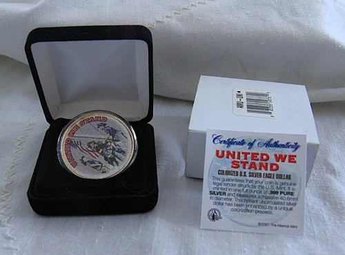 2002 “United We Stand” Colorized U.S. Silver Eagle Dollar w/COA - .999 Fine