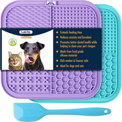 LUKITO Lick Mat for Dogs & Cats 2 Pack with Large-Blue&Purple+1 Spatula 