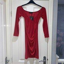 Pretty Little Thing Red Slinky Ruched Long Sleeve Stretchy Mini Dress UK 14 New
