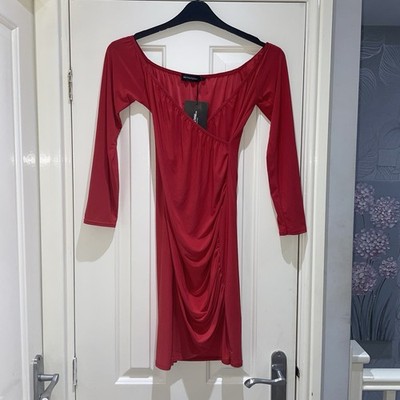 Pretty Little Thing Red Slinky Ruched Long Sleeve Stretchy Mini Dress UK 14 New