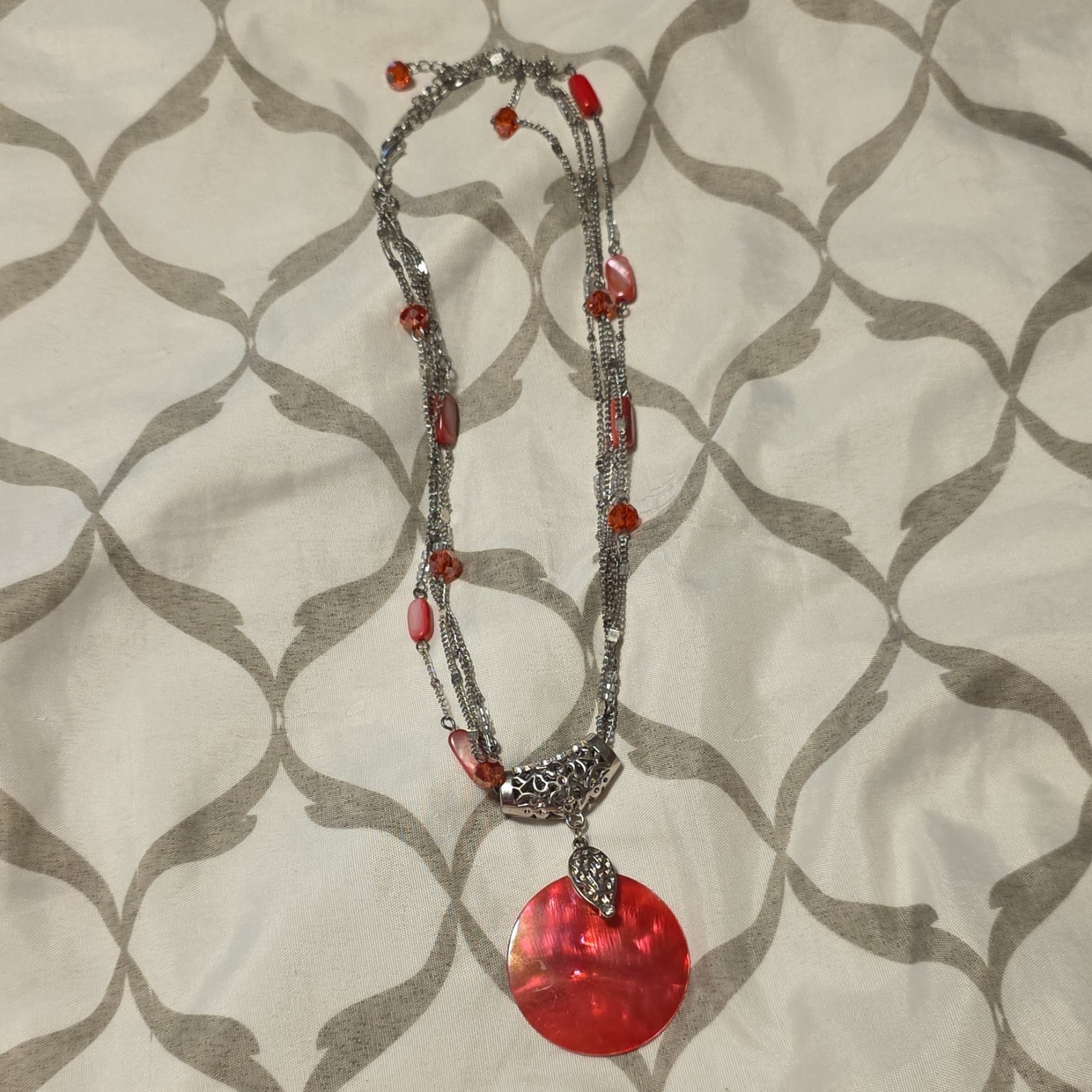 Silver Tone Cable Chain Necklace Red Round Charm Pendant Adjustable Lobster