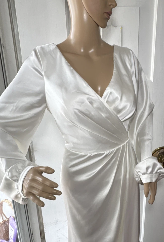 Revelry Vera Satin Maxi Dress Siz 12 White Pearl Long Sleeve Formal Gown  - Image 2 of 4