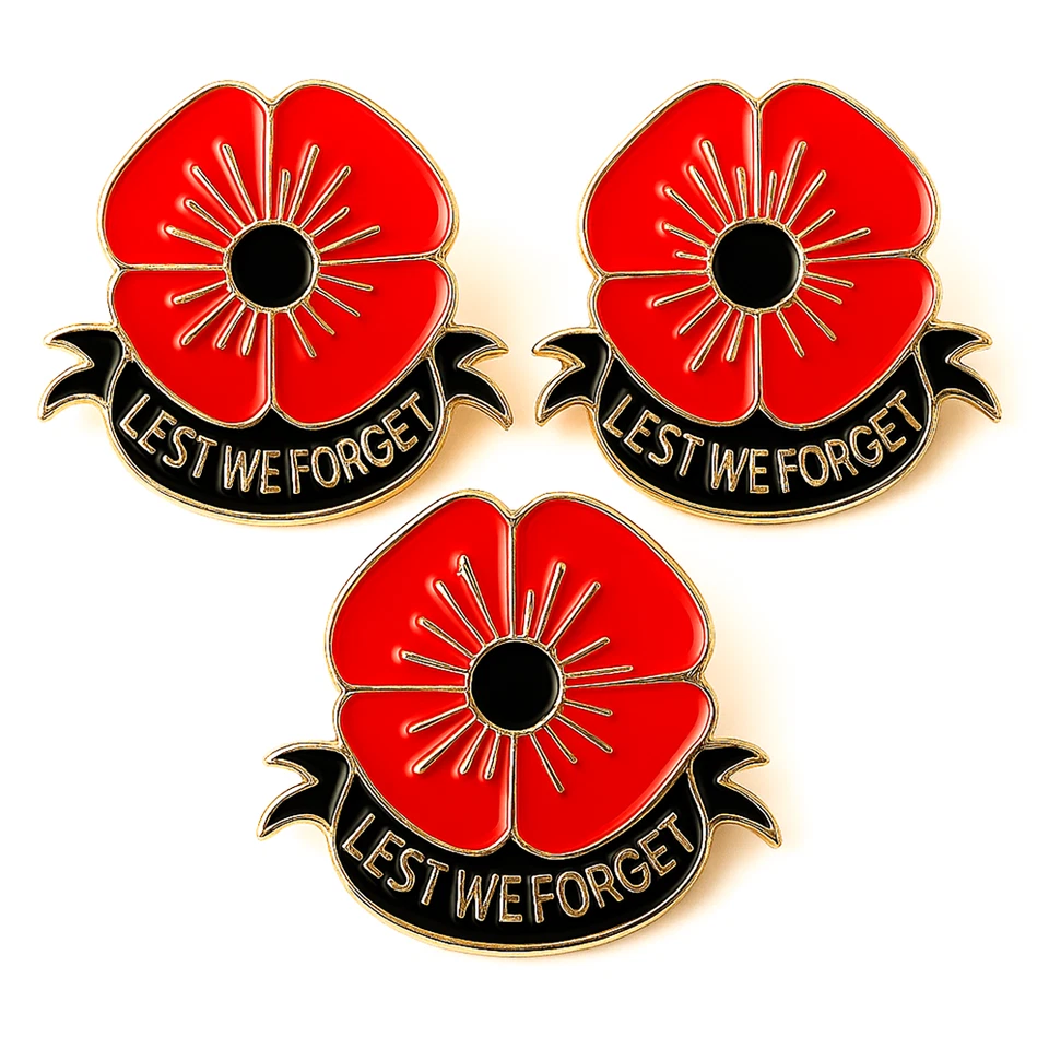 3PCS, FREE SHIPPING, Remembrance Day Poppy Pin – “Lest We Forget” Enamel Brooch