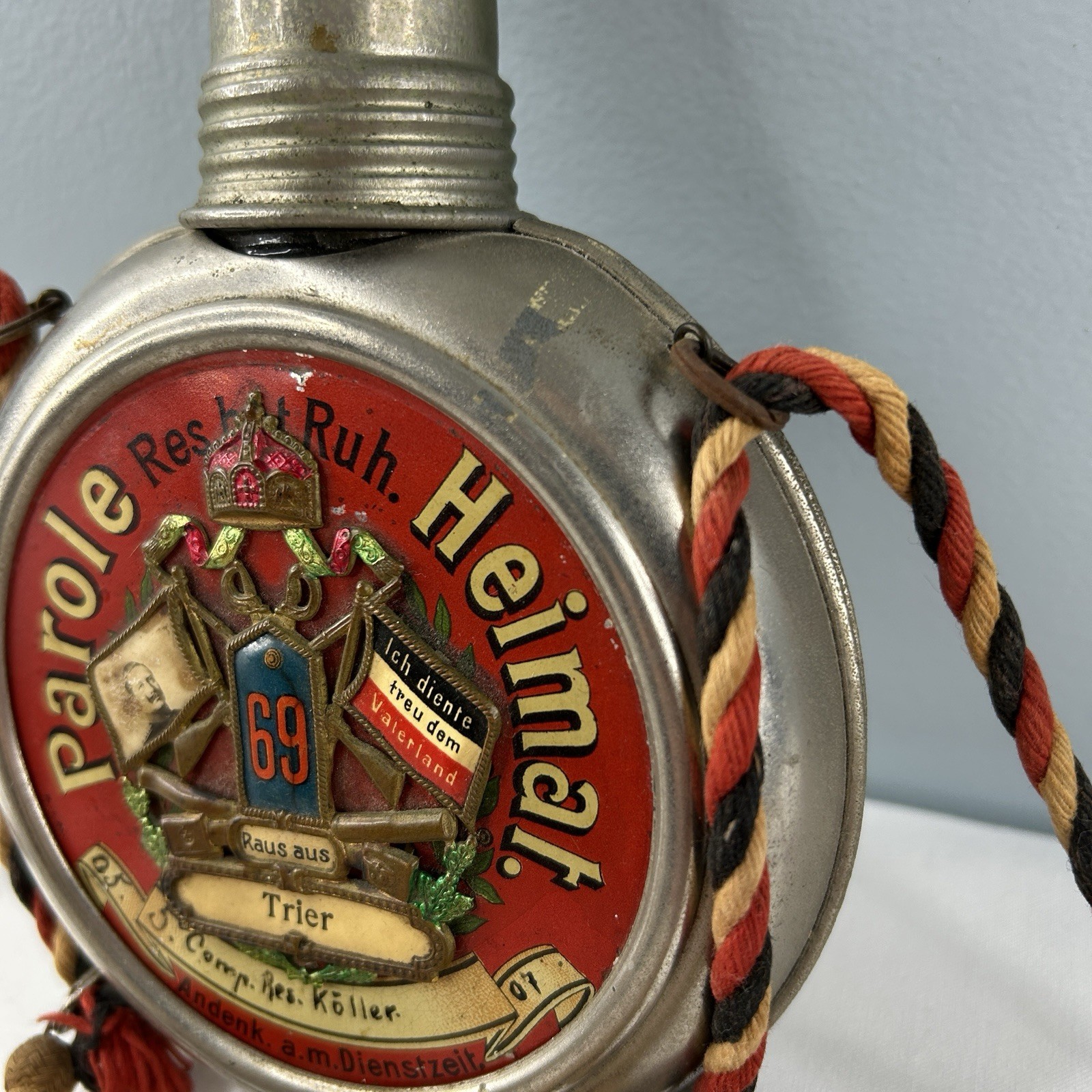 Pre WWI German Flask Metal/Glass Parole Heimat Soldier Reservist