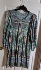 Umgee Boho Multicolor Tunic Dress Women’s S Baby Doll Split V Tassel Tie Neck